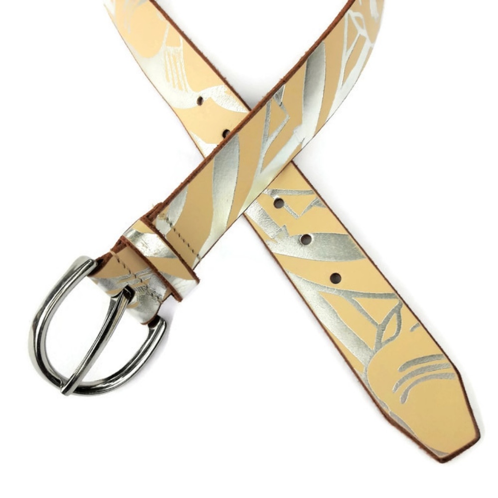 Armani Exchange Leather Pale Yellow Metallic Silver Belt Silver Tone Buckle L